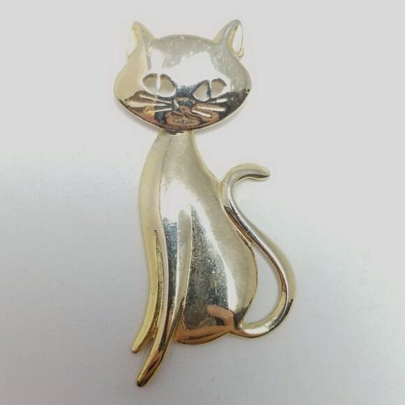 Vintage Large Cat Shape Brooch, Moving Head, Gold Tone, Sitting Kitten, Estate - Picture 5 of 5